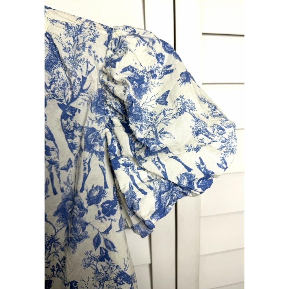 Entro Blue Cream Toile Woodland Wildlife Print Puff Sleeve Top Boho Size Large - Picture 5 of 9